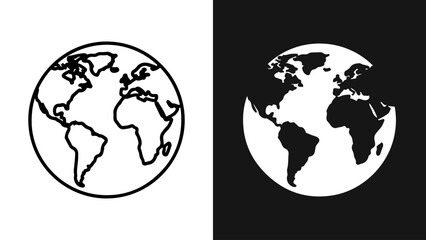 A minimalist globe icon is presented in two contrasting monochrome styles.