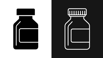 A medicine bottle icon is depicted in solid and outline styles on contrasting backgrounds.