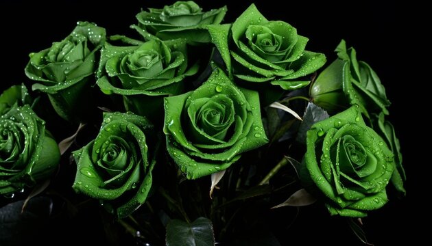 Elegant green roses adorned with water droplets create a stunning floral arrangement against a dark backdrop