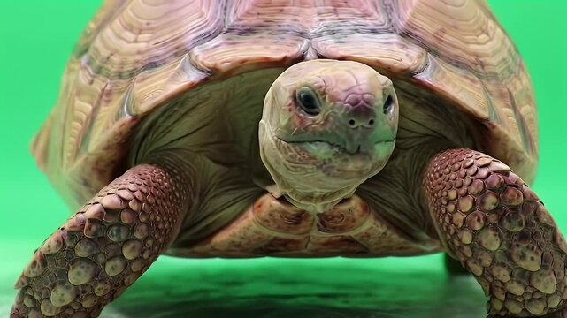 Majestic tortoise with textured shell and skin, facing forward on a vibrant green studio background
