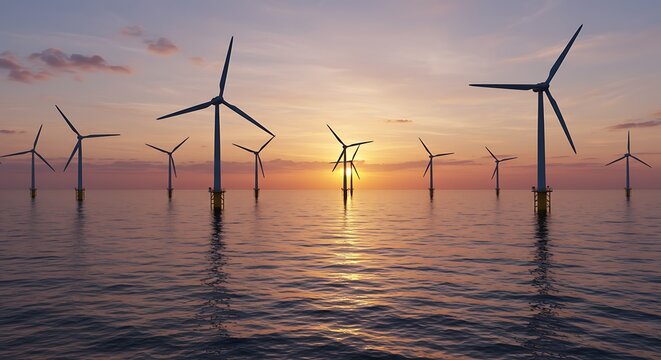 Wind Turbines in Calm Ocean at Sunset with Orange Sky - Powered by Adobe