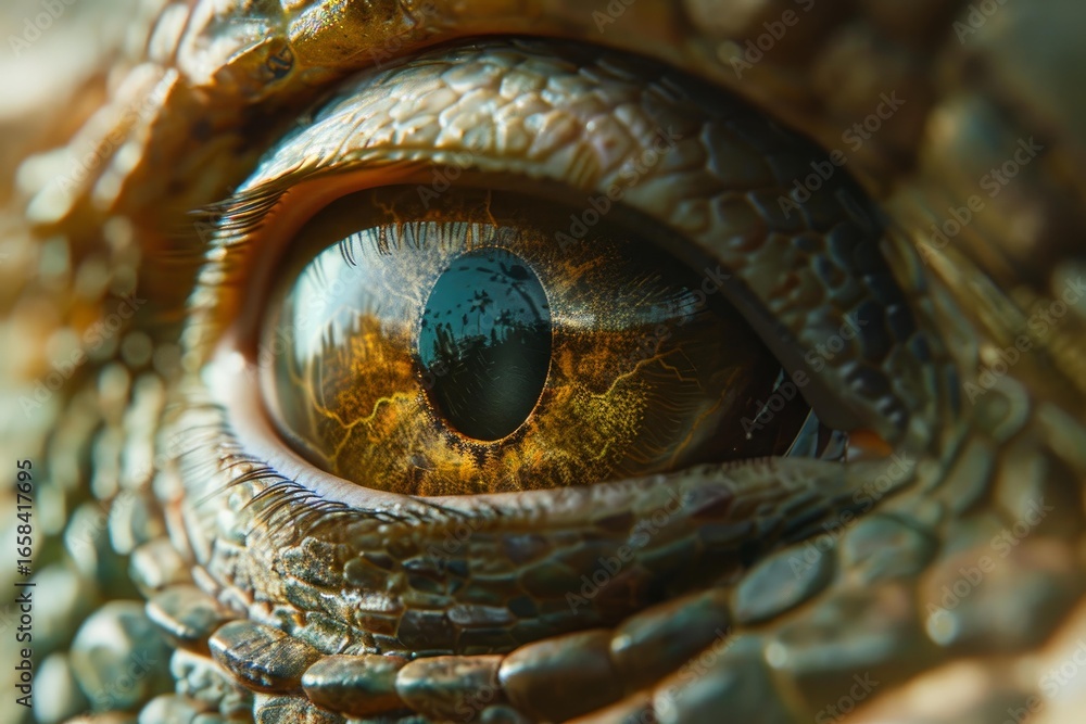 Poster macro photography captures the intricate details of a reptile's eye, highlighting its unique texture