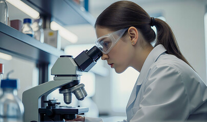 Investigadora científica observando a través de un microscopio en laboratorio mostrando concentración, disciplina y descubrimiento