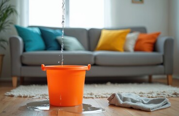 Naklejka na ściany i meble Water drips from ceiling into orange plastic bucket on wooden floor. Leaking roof causes water damage and household problem. Wet cloth lies nearby. Focus on indoor leak disaster.