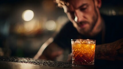 Bartender preparing a signature cocktail in a dimly lit bar
