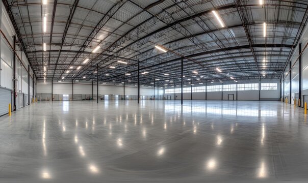 A large, empty warehouse with an industrial-style roof and concrete floor. The space is clean, with white walls and gray floors.
