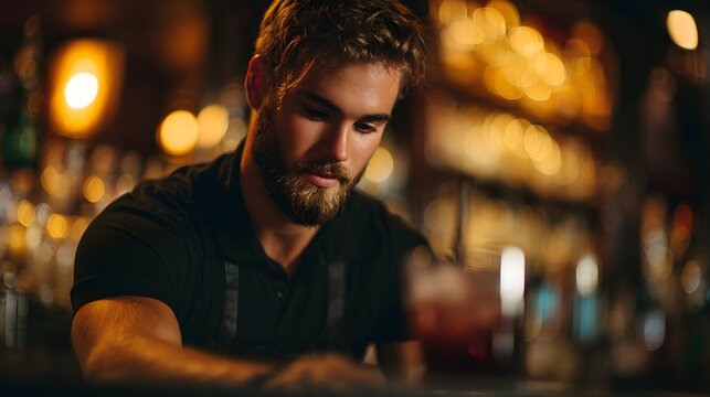 Bartender preparing a signature cocktail in a dimly lit bar