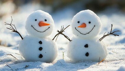 Two cute snowmen made of white and clean snow, one with a carrot nose smiling while the other has two branches in its hands.