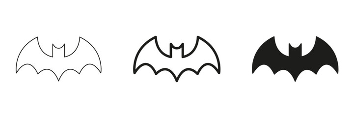 Bat Silhouette In Line, Outline, And Glyph Icon Set. Nocturnal Creature And Halloween Symbol Collection. Perfect For Spooky Themes And Graphic Design Projects. Isolated Vector Illustration
