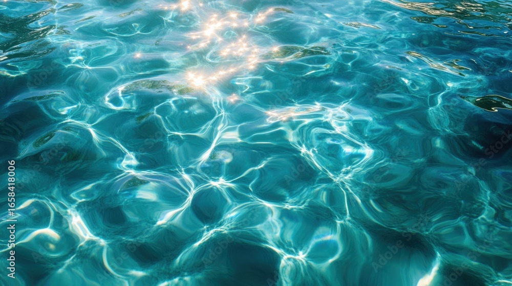 Poster sunlight sparkles on the clear, rippling turquoise water, creating a mesmerizing pattern of light an