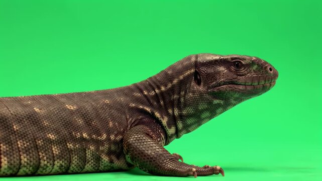 Dark Tegu Lizard Profile on Green Screen Background for Easy Keying