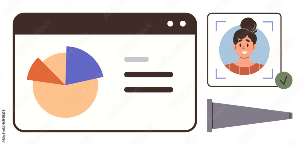 Fototapete pie chart on a web interface beside facial recognition profile with approval checkmark and verificat