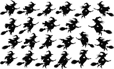 Silhouettes of Witches Riding Brooms, Halloween Themed, Magical Flying, Spooky Witchcraft Illustration