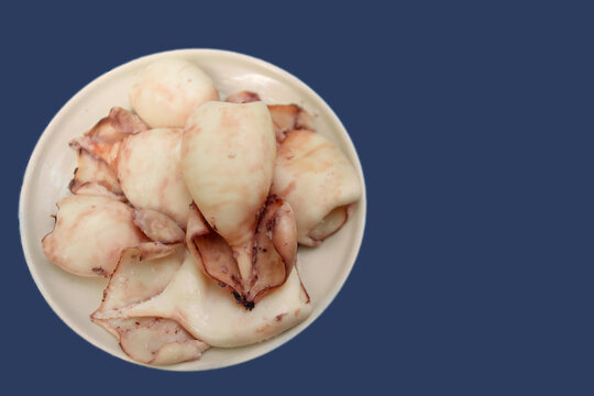 isolated top view boiled whole squid carcasses on a plate