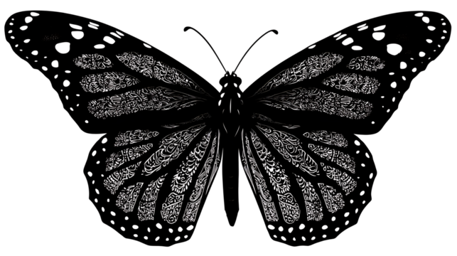 Monarch butterfly silhouette with intricate cut-out details, isolated on a white background