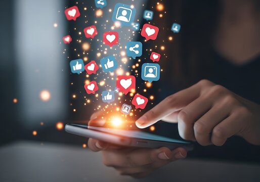 Digital connection social media icons erupting from smartphone screen in dynamic visual
