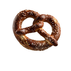 Golden baked pretzel with coarse salt crystals and crispy textured crust isolated on transparent background