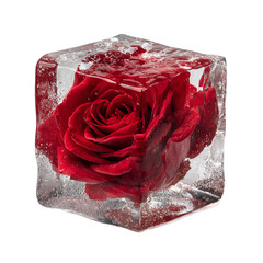 Red rose perfectly preserved inside a clear ice cube with visible air bubbles transparent background
