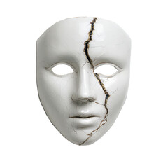 White porcelain mask with prominent golden crack inspired by kintsugi art on transparent background