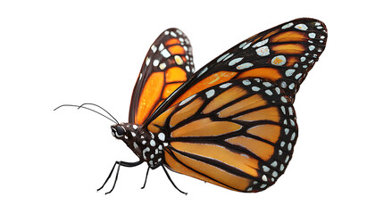Monarch butterfly with partially folded wings, realistic 3D rendering, isolated on a white background