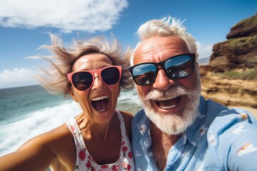 Carefree senior couple wearing sunglasses and laughing while taking a selfie at the beach