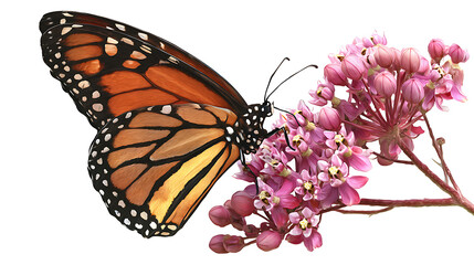 Monarch butterfly feeding on pink milkweed flowers, realistic detail, isolated on a white background