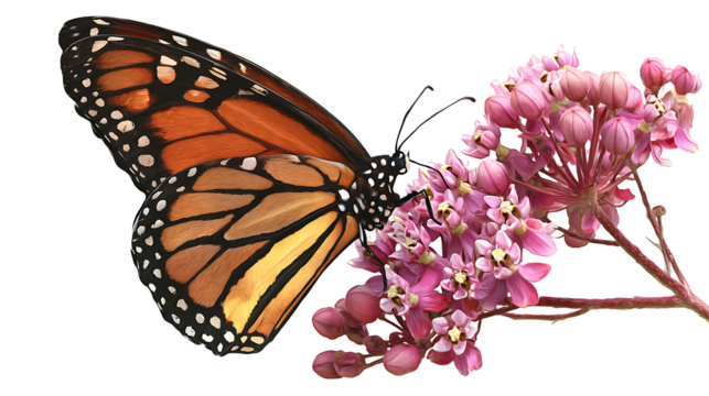 Monarch butterfly feeding on pink milkweed flowers, realistic detail, isolated on a white background