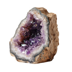 Shimmering Purple Amethyst Geode with Faceted Crystal Clusters and Rough Outer Rock Layer on Transparent Background