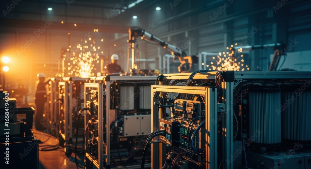 Aufkleber evening factory lighting highlights the complex process of assembling modular units designed for dir