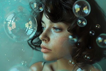Naklejka premium Fashion model posing surrounded by soap bubbles reflecting light during a photoshoot session