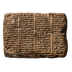 Ancient rectangular clay tablet with cuneiform inscriptions divided by vertical lines on transparent background
