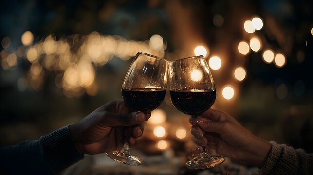 Couple toasting wine under twinkling lights during a festive celeb n