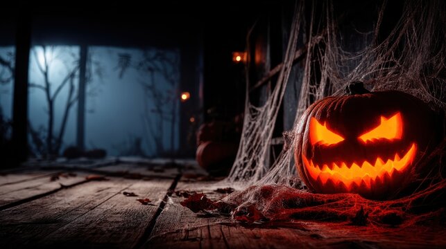 Gestaltendes Halloween mit leuchtenden K&uuml;rbissen und geheimnisvollem Nebel