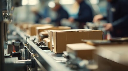 Fototapeta premium Medium shot of packaging materials being swiftly applied to boxes on a fulfillment line hands in sharp detail while background workers remain out of focus.