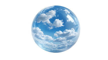 Transparent glass globe filled with miniature floating clouds, isolated on a white background