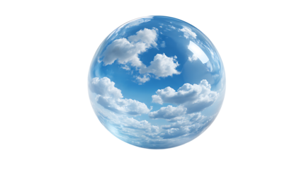 Transparent glass globe filled with miniature floating clouds, isolated on a white background