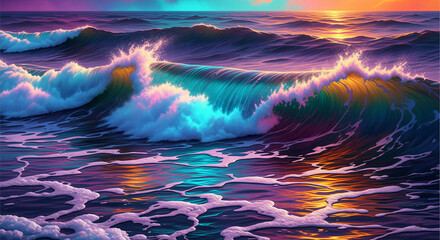 An artistic, pixelated painting of large ocean waves with vibrant colors and a reflection of the setting sun