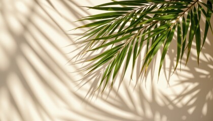 Fototapeta premium Green palm frond casting dappled shadows on a soft neutral background with warm sunlight