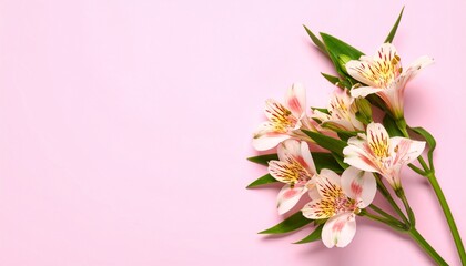 Fototapeta premium Alstroemeria on pink background, Soft Pink Alstroemeria Flowers with Red Stripes and Delicate Petals on Blurry Pink Background, Elegant Pink Alstroemeria Flowers on Pink Background Botanical Floral