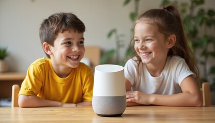 Two smiling children, boy, girl, interacting with smart speaker on wooden table. They appear to be siblings enjoying modern technology at home, possibly engaging with voice commands, entertainment.