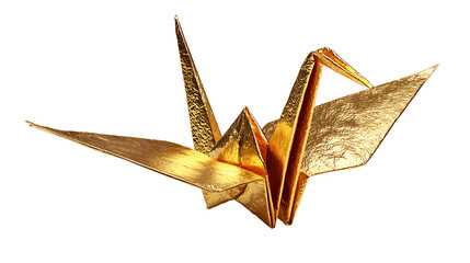Origami crane made from gold foil paper, isolated on a white background.