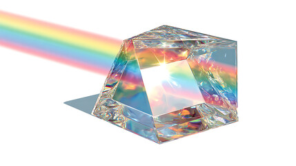 Crystal prism refracting rainbow light, isolated on a white background