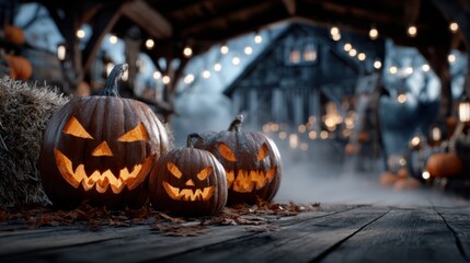 Gruselige Halloween-Momente mit leuchtenden Kürbissen in einem gemütlichen Hof