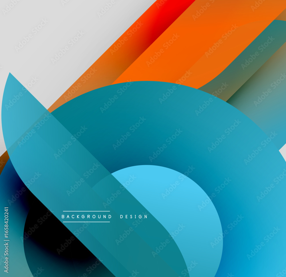Poster abstract geometric design. overlapping shapes create dynamic visual effect. blue, orange, black grad
