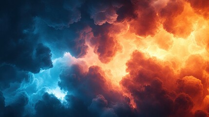 Fototapeta premium A vivid, dramatic cloudscape with contrasting fiery orange and cool blue hues creating a dynamic and intense atmosphere.
