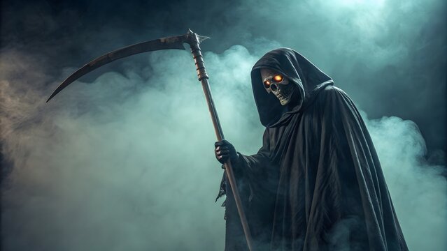 The grim reaper holding a scythe in a smoky eerie atmosphere