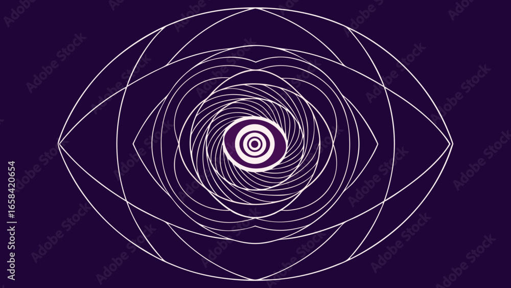 Poster minimalistic vector illustration of an abstract eyes tunnel with concentric geometric lines on dark 