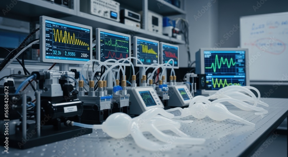Poster pneumatic cycle lab bench with digital displays showing pressure variations inside bioinspired soft 