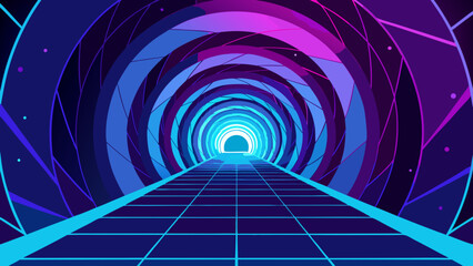 Obraz premium Futuristic vector illustration of a glowing eyes tunnel with neon lights and geometric shapes in perspective