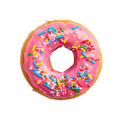 Delicious pink donut with colorful sprinkles, sweet temptation